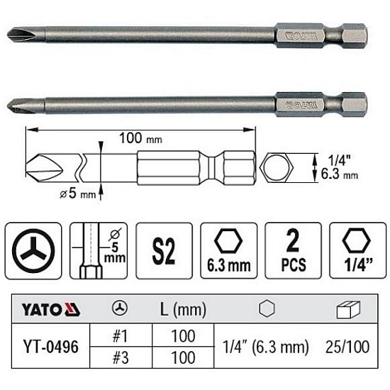 Бита TRI-WING 1/4`2 шт. 1х 100мм, 3х100мм Yato 0496-YT 135 руб.